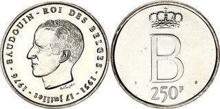 Picture 1 of a sold 250 Francs - Baudouin I (25th Anniversary of Accession; French text)